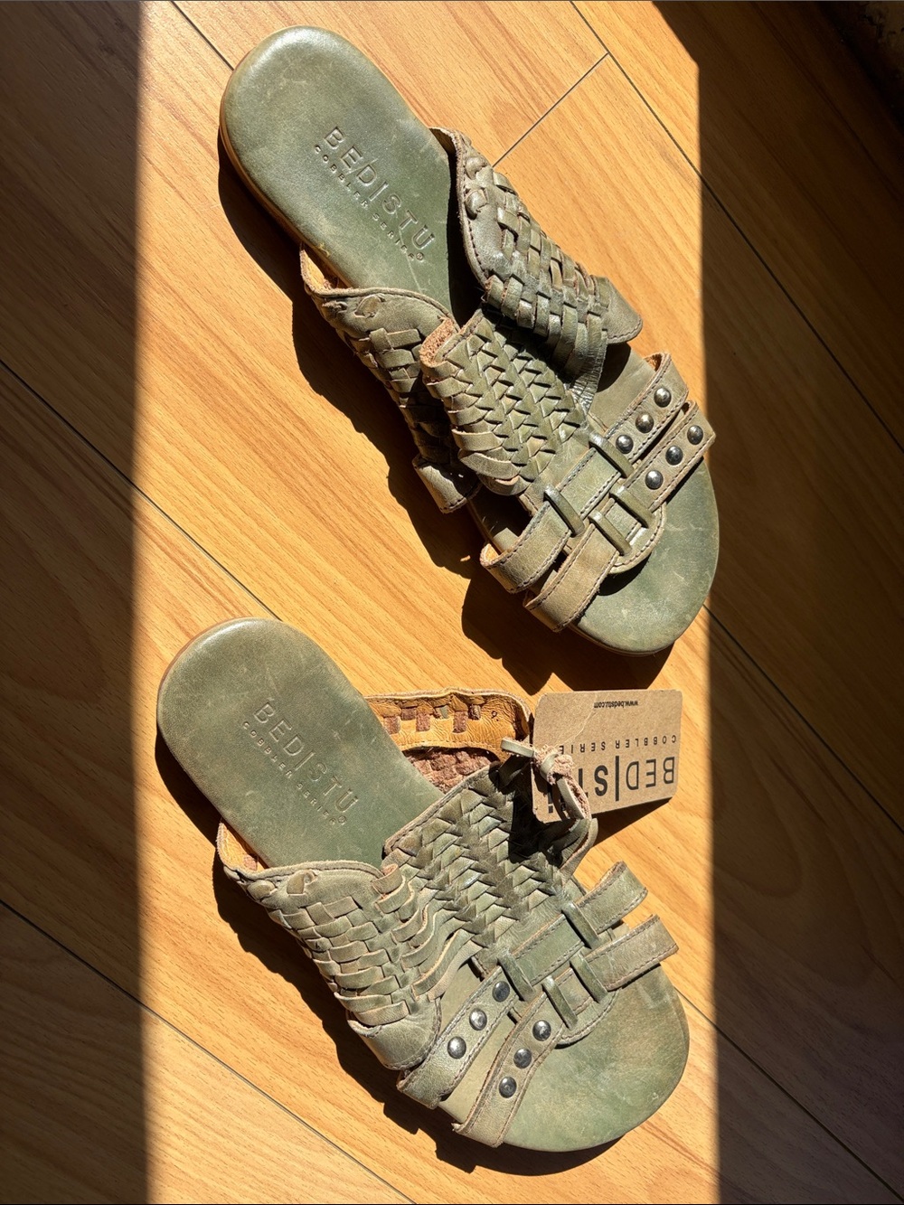 BED|STU Olive Green Woven Slide Sandals with Studded Straps
